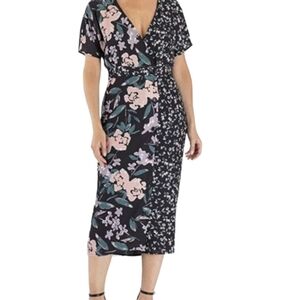 Forest Lily Elaina black Pink Green Floral Midi Dress Button Front Wrap Fairycor